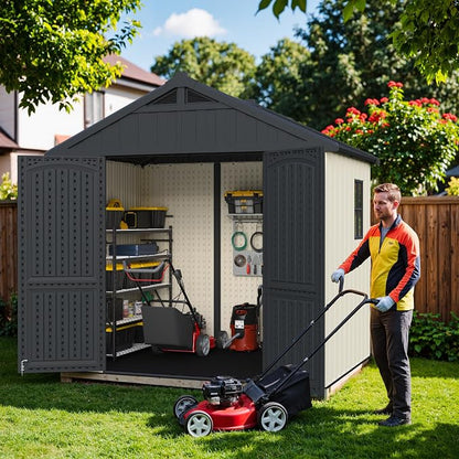 Greesum 8x6FT Plastic Outdoor Storage Shed with Floor, Resin Sheds with Window and Lockable Door, Easy Assembly, HDPE Kick-it Shed for Garden, Lawn, Backyard, Beige