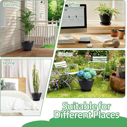 Nooulap 4 Pack 8 inch Plant Pots for Outdoor Indoor, Durable Flower Pots with Drainage, Indoor Outdoor Planters for Herbs Flowers (Black Pebbles Design)