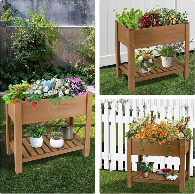 Raised Garden Bed Outdoor, Wooden Planter Boxes with Legs Protective Liner & Drainage Holes, Elevated Garden Flower Beds for Backyard Balcony, Gift for Gardening & Mother, 33.46'' X 17.9'' X 29.72''