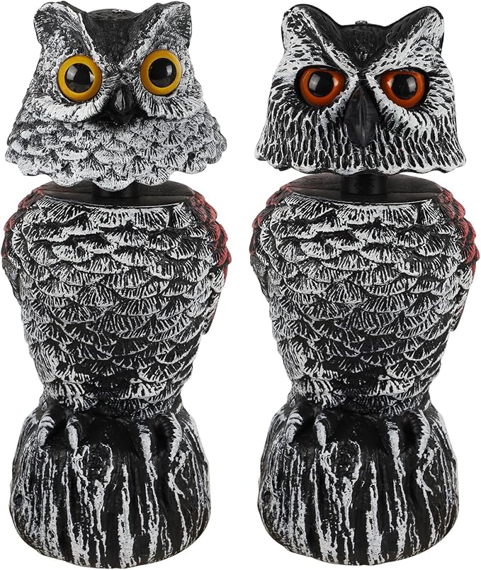 Hausse 2 Pack Fake Owl Decoy Bird Scarecrow Sculpture, 11.2 inch Wagging Head Plastic Owl Scare Birds Away, Owls Statue Nature Enemy Horned Pest Repellent for Outdoor Garden Yard