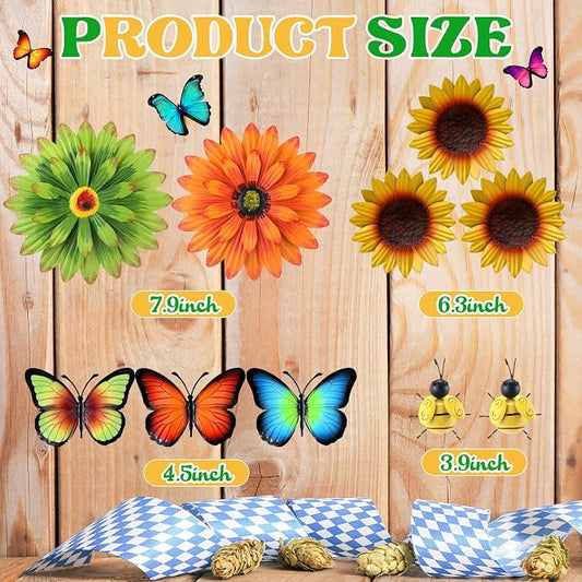 Therwen 10 Pcs Metal Wall Art Decor for Outside 3D Metal Sunflower Bee Butterfly Backyard Decorations Hanging Outdoor Wall Art Multicolored Flowers for Garden Fence Patio Yard Outdoor Porch