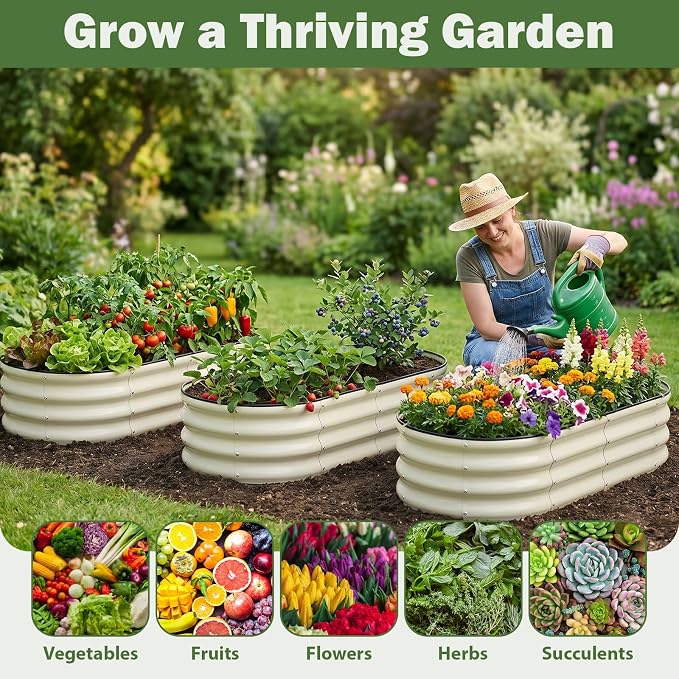 2 PCS Galvanized Raised Garden Bed 4x2x1 Ft, Oval Metal Outdoor Planter Box Kit with Safety Rubber Edge, Easy Assemble Bottomless Large Planting Container for Vegetable, Flower, Fruit, White