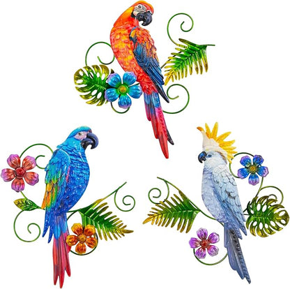 Metal Parrots Wall Decor Outdoor Hanging Sculptures Decor for Yard Garden | J-Fly Patio Garden Decoration Gifts Outdoor Bird Wall Decor-12 Inches Parrot Large Hanging Wall Decor 3 Pack