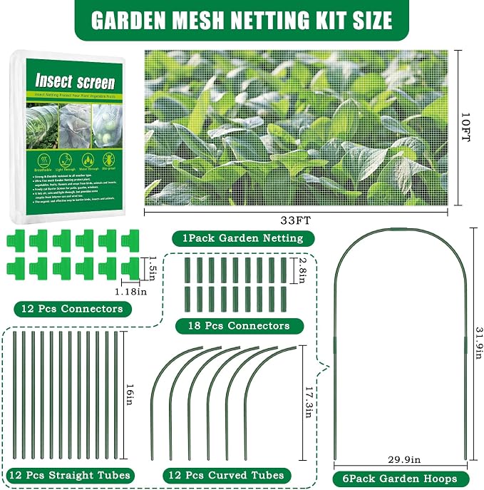 10 X 33 FT Garden Mesh Netting Kit Pest Barrier for Raised Beds, Fruit Tree Netting with 6 Sets Garden Hoops & 12 Clips for Cicadas Bird Insect, Blueberry Bush Netting Cover for Garden Protection