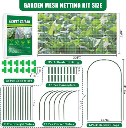 10 X 33 FT Garden Mesh Netting Kit Pest Barrier for Raised Beds, Fruit Tree Netting with 6 Sets Garden Hoops & 12 Clips for Cicadas Bird Insect, Blueberry Bush Netting Cover for Garden Protection