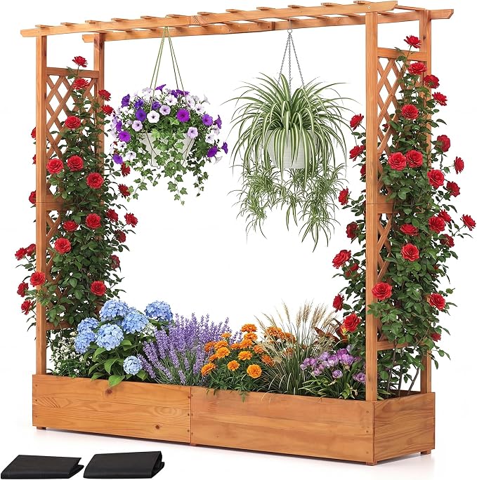 HAPPYGRILL Raised Garden Bed with Trellis, Freestanding Wood Planter Box w/Hanging Roof & Drainage Holes for Vine, Climbing Plants, Flowers, Outdoor Planter with Trellis for Garden, Patio, Yard (1)