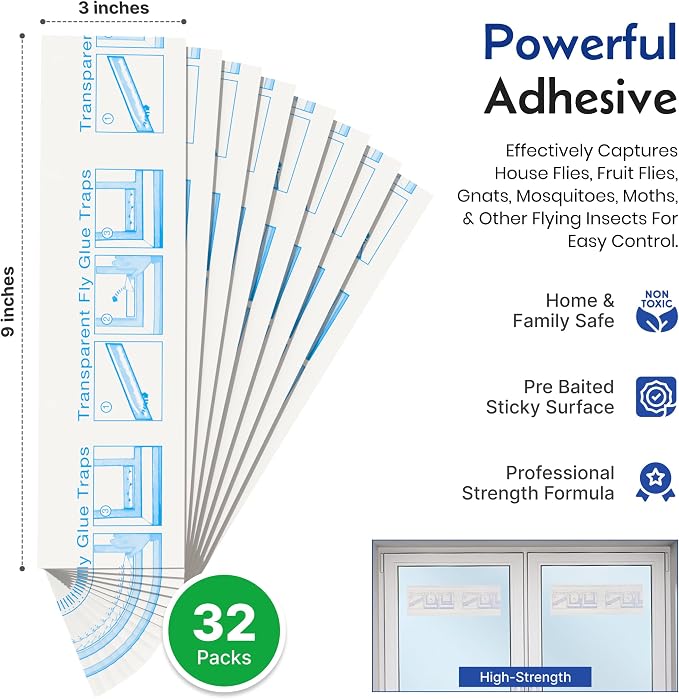 Fly Traps Sticky Window – 32 Pack | Pre-Baited, Odorless Pest Control for Fruit Flies, Gnats, Mosquitoes, and Moths – Effective Indoor Fly Paper Strips