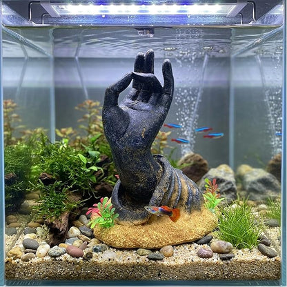 Fish Tank Decorations, Japanese Large Aquarium Decor Accessories with Buddha Hand, Bearded Dragon Hideout, Reptile & Amphibian Habitat Hideouts(Black Buddha Hand)