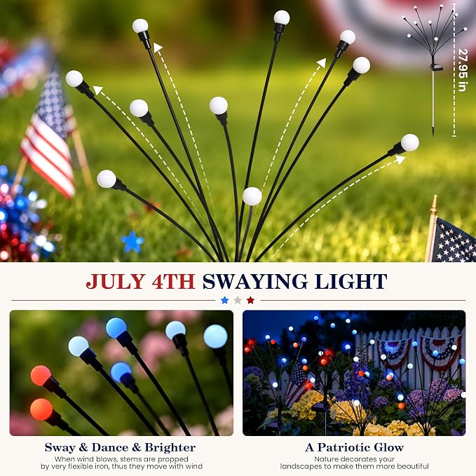 4th of July Outdoor Decorations, Red White Blue Lights Solar Firefly Lights, Patriotic Outdoor Decor for Independence Day, Fourth of July Decor for Garden Yard (4 Pack,Red, White, Blue)