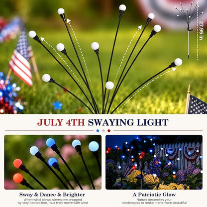 4th of July Outdoor Decorations, Red White Blue Lights Solar Firefly Lights, Patriotic Outdoor Decor for Independence Day, Fourth of July Decor for Garden Yard (4 Pack,Red, White, Blue)