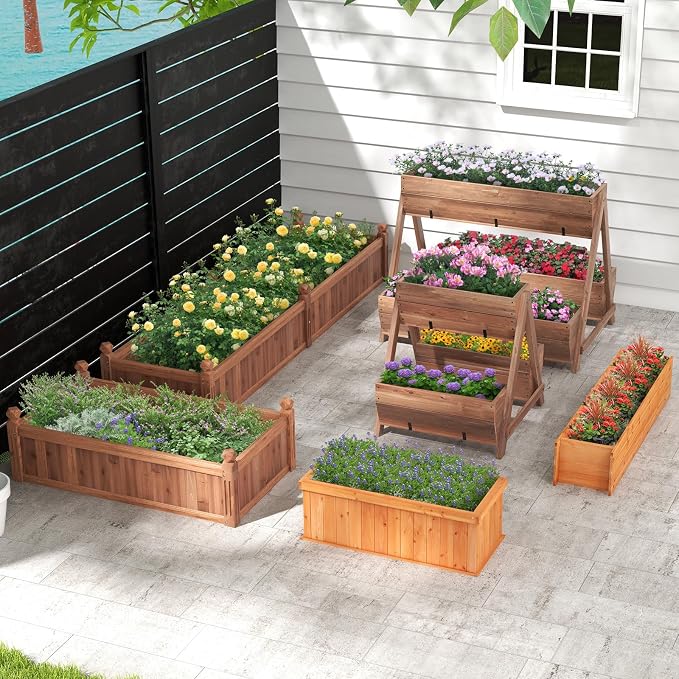 S AFSTAR Wooden Raised Garden Bed, 91"L x 24"W x 16"H Outdoor Rectangular Planter Box with Liner & 4-Corner Drainage Holes, Planter Container for Garden Patio, Raised Bed for Veggies Fruit Flower Herb