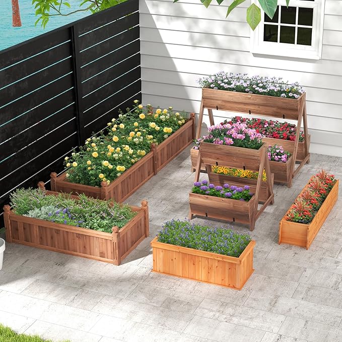 S AFSTAR Raised Garden Bed, 31” X 14” X 12” Fir Wood Rectangle Planter Box W/4 Drainage Holes & Detachable Base Plate, Raised Bed Planter Kit Box, Indoor & Outdoor Container for Patio Backyard