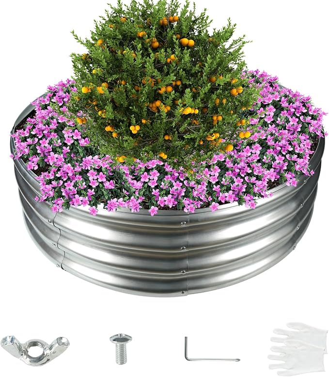 12 Inch Tall 36 Inch Diameter Round Silver Raised Garden Bed Kits Outdoor | 1 FT Tall,3 FT Planter Bed for Flowers,Herbs,Vegetables,Trees,0.8MM Thick Galvanized Metal,with Gloves,Tool free