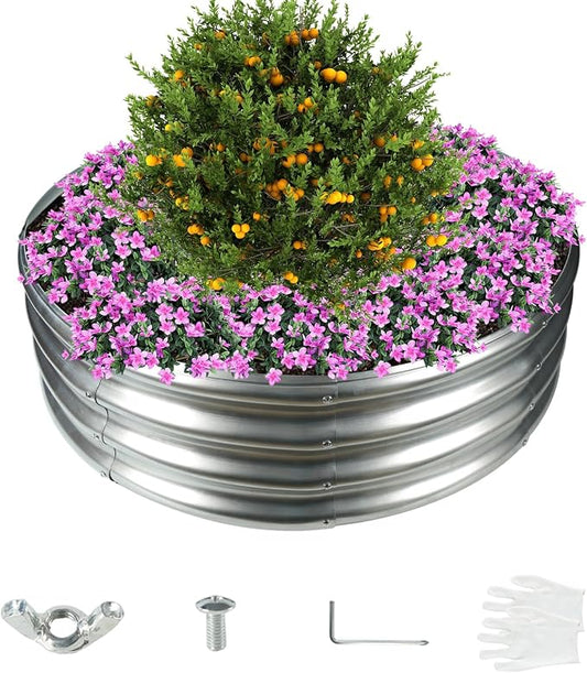 12 Inch Tall 36 Inch Diameter Round Silver Raised Garden Bed Kits Outdoor | 1 FT Tall,3 FT Planter Bed for Flowers,Herbs,Vegetables,Trees,0.8MM Thick Galvanized Metal,with Gloves,Tool free