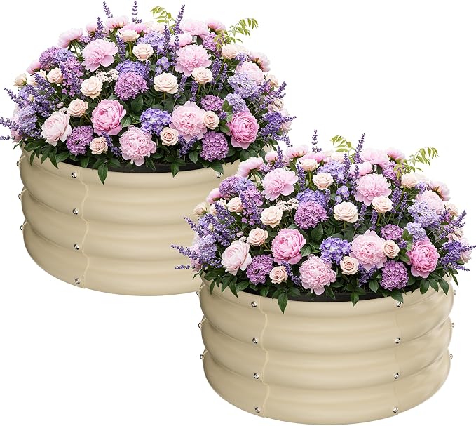 ZXZYHFTY Raised Garden Bed, 0.6 mm Galvanized Steel Round Planter Box with Open Bottom, Metal Raised Garden Bed for Vegetables Flowers Herbs Mailbox Planter Accent, 2 x 2 x 1 FT, 2 Pack White