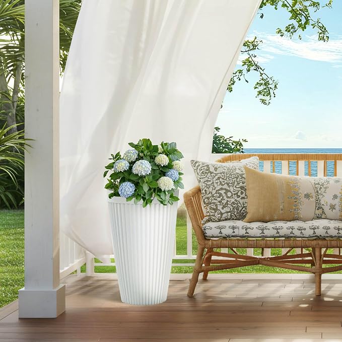 2-Pack 20" Matt White Resin Tall Planters with Fluted Texture | Set of 2 resin tall planters with ceramic look, fluted texture, drainage plugs, and UV-resistant finish for porch or patio