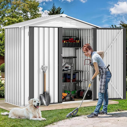 DWVO 6x4ft Small Tool Storage Shed, Lockable Doors, and Sloped Roof, Oversized Steel Outdoor Storage Shed for Garden, Patio, Garage, Backyard, Lawn - White