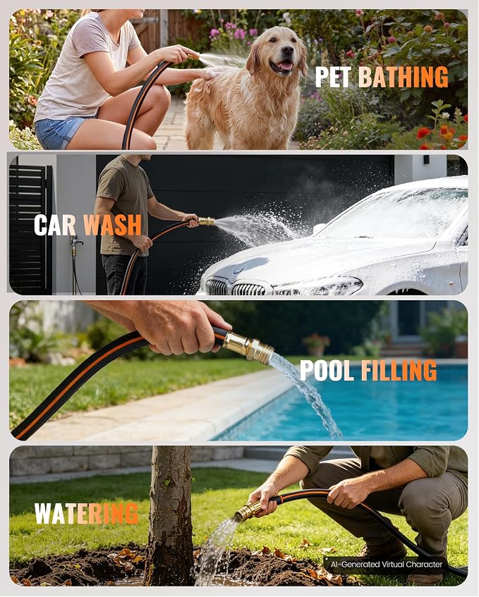 Heavy Duty Rubber Garden Hose 15FT x 3/4", Flexible Water Hose with 360° Swivel Brass Fittings, 300 PSI Working, 1000 PSI Burst, 5-Layer Reinforce, All Weather Outdoor Hose, BG15GH406