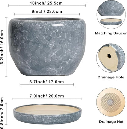 SQOWL Ceramic Pot for Plants - 10 Inch Plant Pot Indoor with Drainage Hole and Saucer, Round Ceramic Planter, Decorative Large Flower Pot Outdoor, Home Office Room Decor, Garden Gifts, Gray