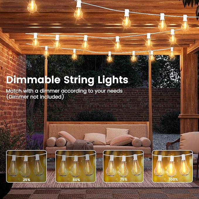 Outdoor String Lights 100 Feet LED Patio Lights 53 Plastic Edison Bulbs (3 Spare), Waterproof Connectable Hanging Light for Backyard Porch Balcony Party Decor, White