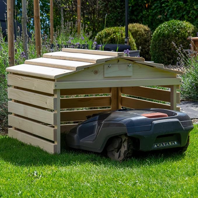 dobar® Robot Lawnmower Garage Made of Wood with Removable Roof - Lawn Robot Shelter with Customisable Sign - 78.5 x 74 x 52.5 cm - Natural