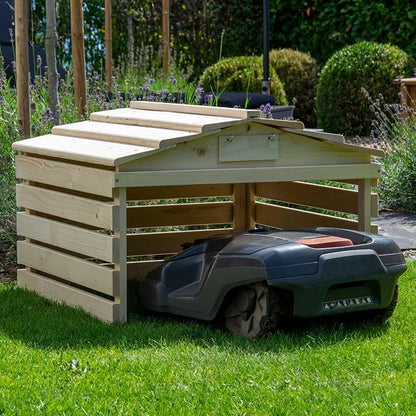 dobar® Robot Lawnmower Garage Made of Wood with Removable Roof - Lawn Robot Shelter with Customisable Sign - 78.5 x 74 x 52.5 cm - Natural