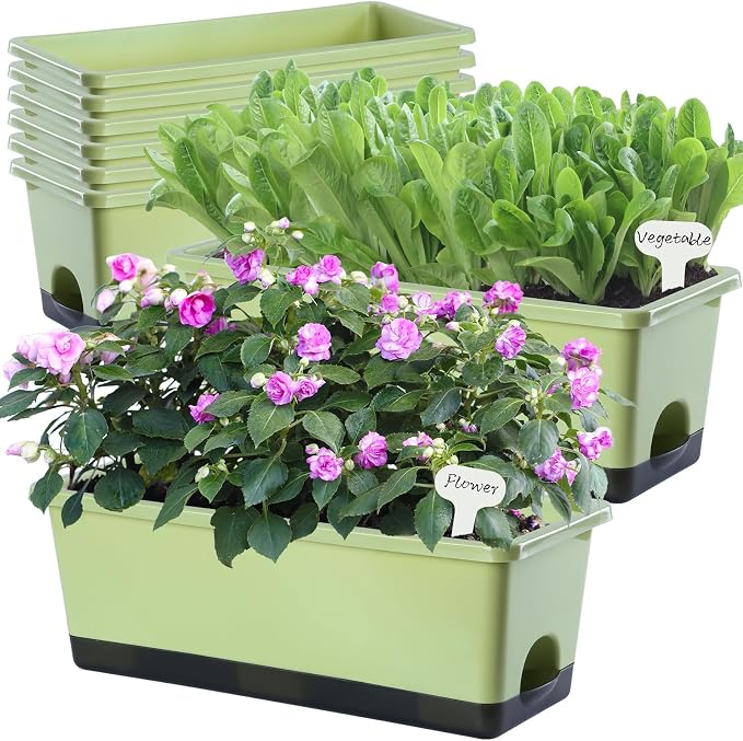 Oliz Window Box Planter 8 Pcs, 17 Inches Rectangle Flower Pots with Drainage Holes & Trays, Vegetable Planters for Windowsill Patio Garden Balcony Home Indoor Outdoor (Light Green, 16 * 7 * 6 inch)