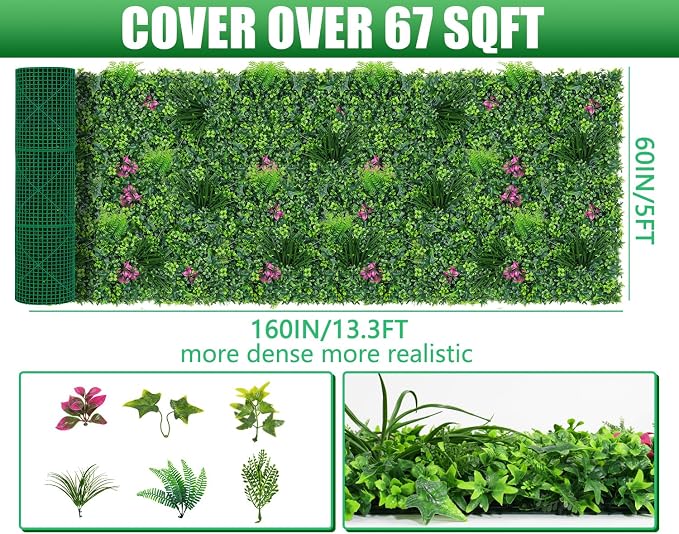 Grooy Boxwood Roll Panels, Grass Wall 60"x160"(67 SQFT), Grass Backdrop, Privacy Screen, Sun Protected Green Wall Decor for Outdoor, Indoor, Garden, Backyard and Décor