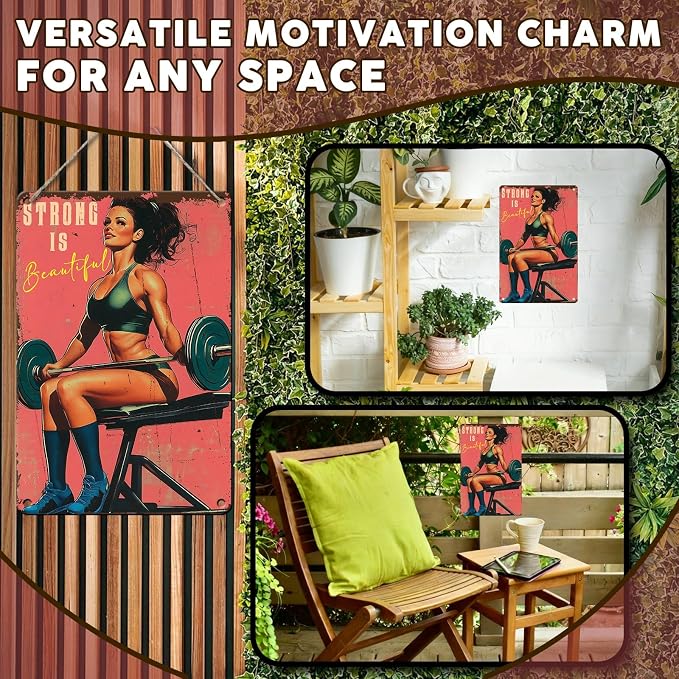 PEACHGARDEN Gym Decor Gym Girl Metal Signs Strong Is Beautiful Poster Girl Fitness Wall Art Decor Metal Tin Sign for Fitness Studio Workout Room Garage Kitchen 8x12inch