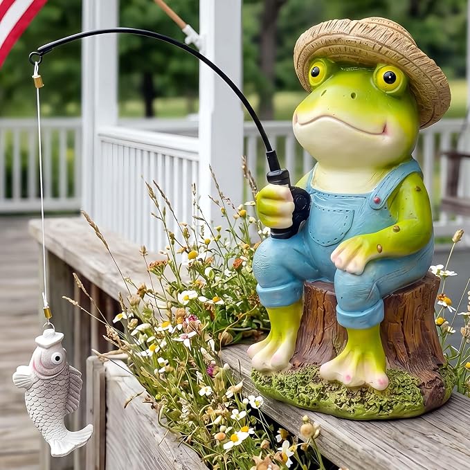 Frog Fisherboy Statue | Outdoor Garden Decor, Resin Animal Statue, Pond Ornaments, Poolside Garden Decor, Koi Fish Pond, Unique Fisherman Gifts