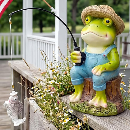 Frog Fisherboy Statue | Outdoor Garden Decor, Resin Animal Statue, Pond Ornaments, Poolside Garden Decor, Koi Fish Pond, Unique Fisherman Gifts