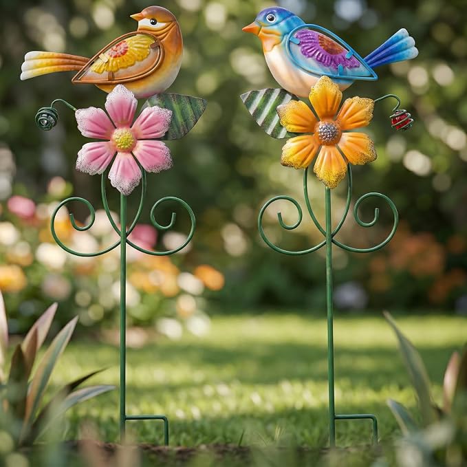 Topadorn Set of 2 Metal Bird & Flower Garden Stakes, Hand-Painted Decorative Yard Art for Planters, Flower Beds & Patio, 16 Inch