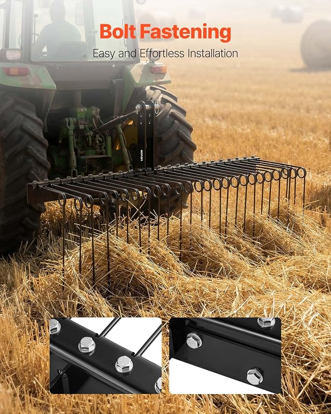 VEVOR 60 in Tow Behind Landscape Rake, 3 Point Hitch Lawn Dethatcher Rake, 26 Spring Steel Tines, for Category 1 Tractors, Heavy Duty & Rust-Resistant Rakes Tractor Attachments for Leaves Pine Needles