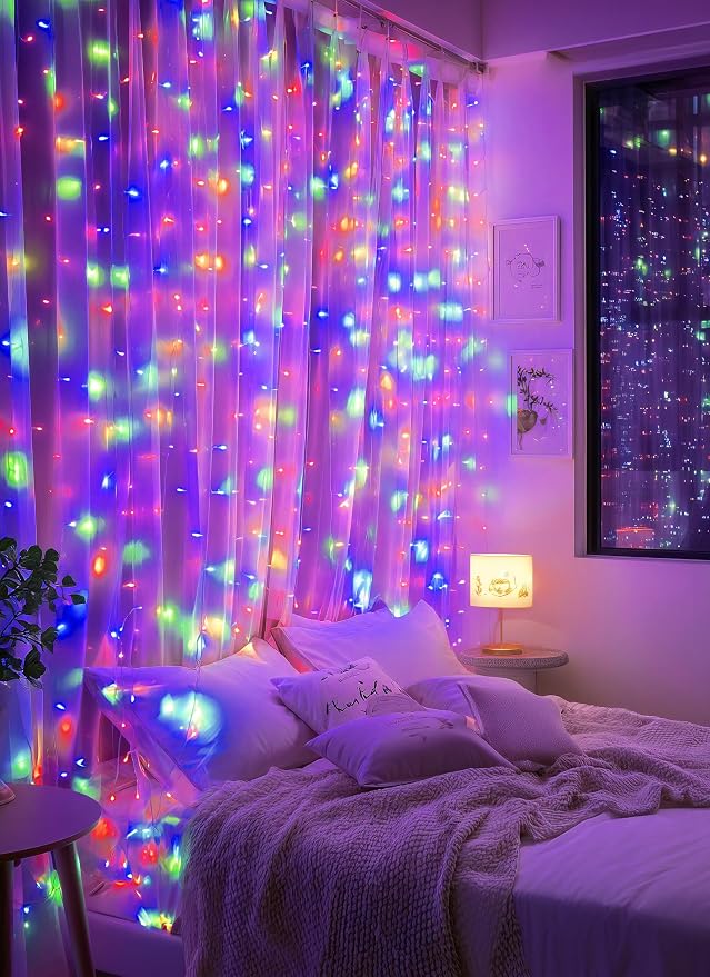 Brightown 300 LED Fairy Curtain Lights, Curtain String Lights, USB Plug in 8 Lighting Modes Christmas Decoration, Hanging Lights with Remote for Bedroom Indoor Weddings Dorm Multicolor 1 Pack