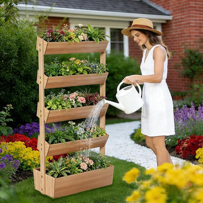 Baotree 5 Tiers Vertical Wooden Raised Garden Bed, Tiered Standing Garden Planters Outdoor, Garden Tower Wooden Planter Box for Planting Herbs Flowers Vegetables Indoor Outdoor Gardening