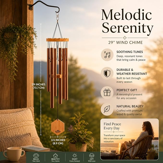 Copper Red Wind Chimes for Outside, 29 Inch Hand Tuned G Major Pentatonic Wind Chime, Memorial Sympathy Gift for Loss of Loved One, Deep Tone Aluminum Bamboo Garden Patio Porch Decor