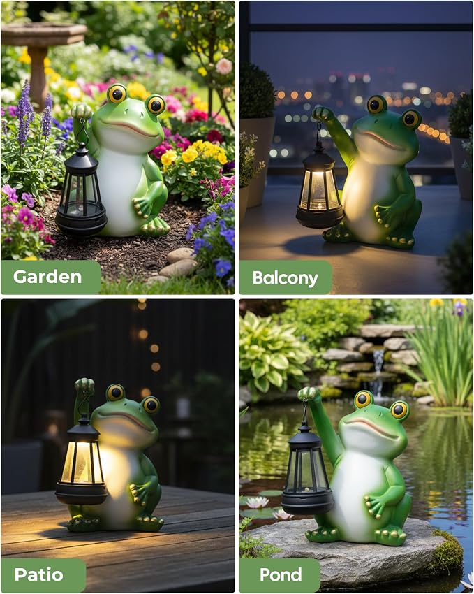 Vuees Solar Frog Garden Statue Light, Outdoor Waterproof Decorative Lantern Figurine, Cute Yard Art for Garden Patio Pond Balcony Porch Decor, Housewarming & Gardening Gifts for Women Grandma Mom | Hand-painted resin, dusk sensor, flower bed or pond ac...
