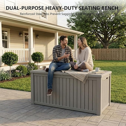 Outdoor Storage Box, 200 Gallon Waterproof Deck Box [Upgraded 3.0], Premium Hydraulic Cushion Storage Chest, High-Load Lockable Two-Seater Patio Storage Bench, Large Country Estate, Grey