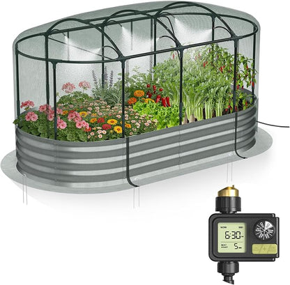 Lineware Raised Garden Bed with Sprinkler Timer and Self-Watering System, 6x3x1 ft Elevated Planter Boxes Outdoor with Mesh Cover, Galvanized Raised Beds for,Vegetables,Flowers, Backyard, Patio