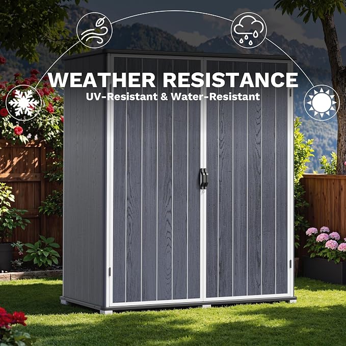 Devoko 5x3 FT Resin Storage Shed with Floor, Small Plastic Vertical Outdoor Cabinet with Lockable Door, Waterproof Tool Garden Shed for Backyard Patio Lawn, Dark Gray