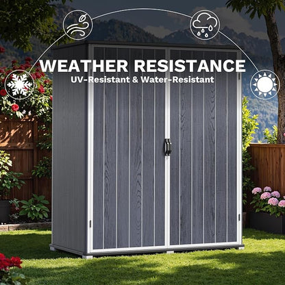 Devoko 5x3 FT Resin Storage Shed with Floor, Small Plastic Vertical Outdoor Cabinet with Lockable Door, Waterproof Tool Garden Shed for Backyard Patio Lawn, Dark Gray