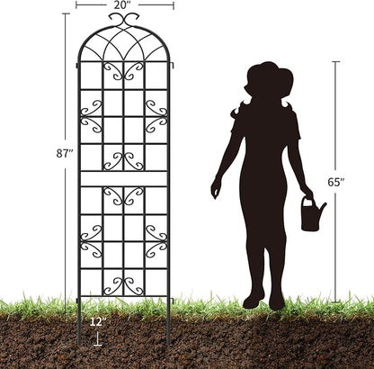 4-Pack 87" x 20" Butterfly Arch Black Metal Garden Trellises | Four rust-resistant metal trellises with butterfly arches, scrollwork, stakes, and support for roses, vines, or vegetables