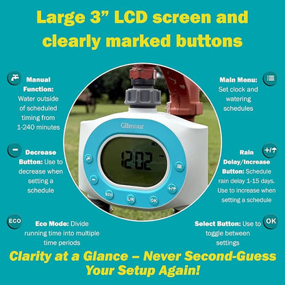 Gilmour Dual Outlet Water Timer for Garden Hose, Programmable Automatic Watering System, LCD Screen, Rain Delay, Battery Operated
