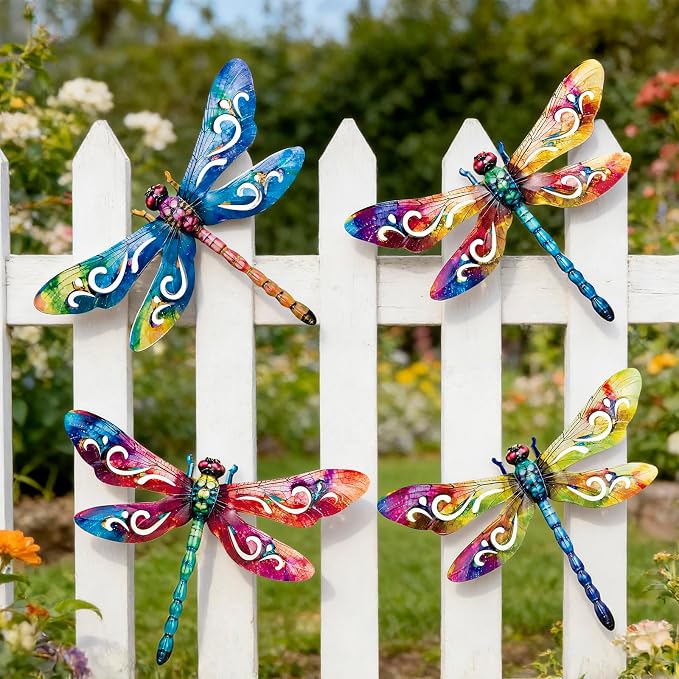 SUNREEK Metal Dragonfly Wall Decor, 12 Inches Dragonfly Outdoor Wall Art for Fence Garden Yard Patio Decorations