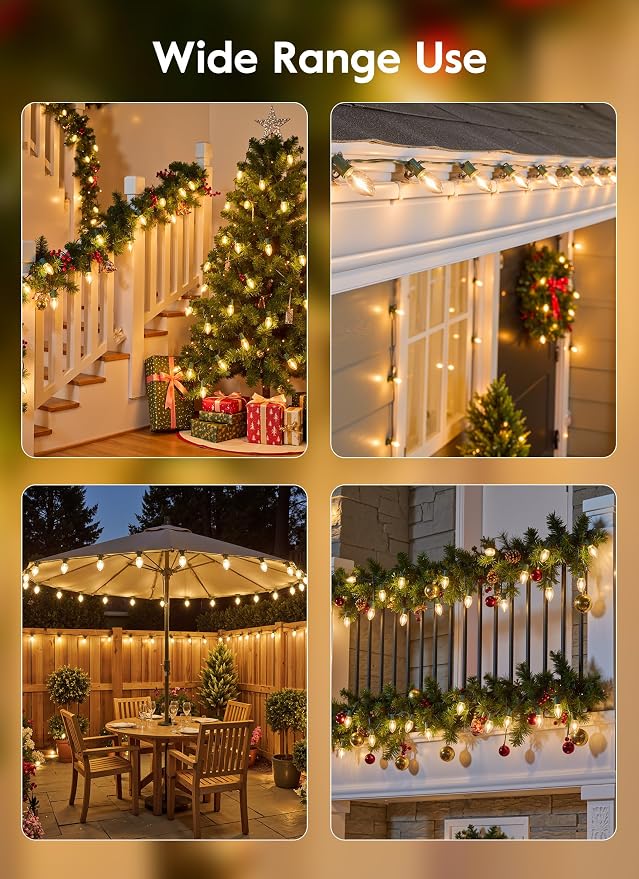 Minetom Vintage C9 LED Christmas Lights Outdoor Warm White, 50 Feet C9 String Lights for Christmas Tree Roofline Holiday Party Indoor Outdoor Garden Patio Backyard Cafe Xmas Decoration, Green Wire