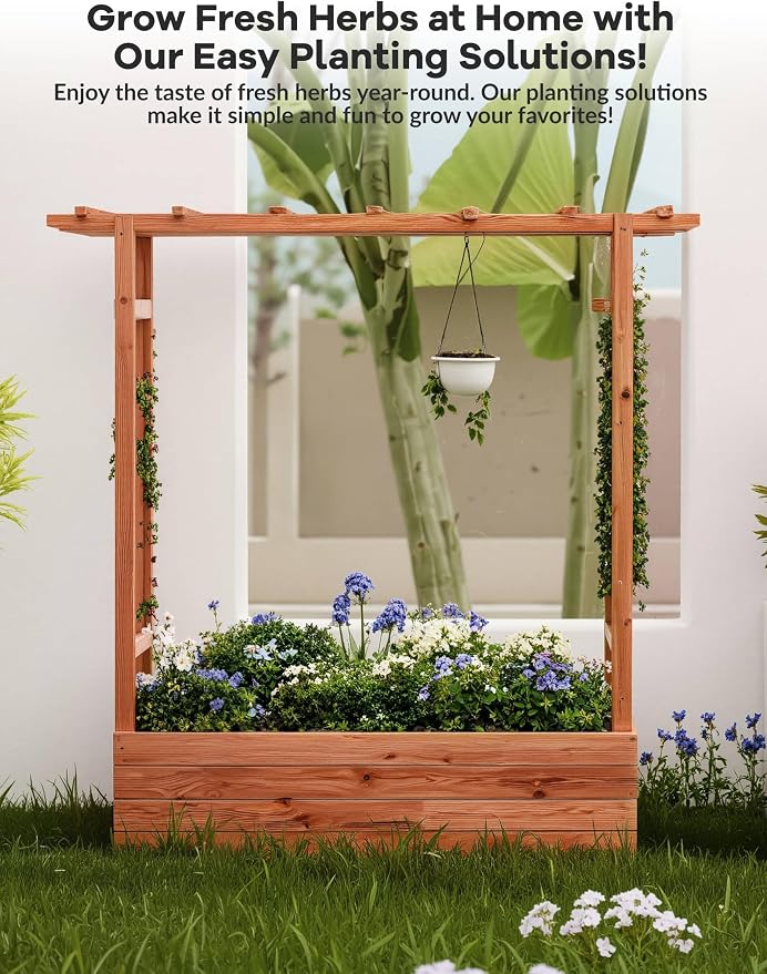 Garvee Raised Garden Bed with Trellis & Hanging Roof, Wood Planter Box with Bottom and Drainage Holes, Freestanding Garden Planter for Flower Vegetable Fruit Herb Climbing Vines, 43“x17“x44“