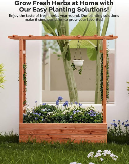 Garvee Raised Garden Bed with Trellis & Hanging Roof, Wood Planter Box with Bottom and Drainage Holes, Freestanding Garden Planter for Flower Vegetable Fruit Herb Climbing Vines, 43“x17“x44“