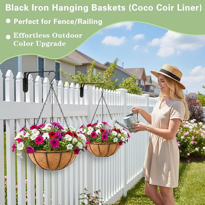 EIMQUVW Outdoor Metal Hanging Planters Basket (2pack, 12 inch) Hanging Baskets for Plants Chain Round Wire Plant Holder with Coco Fiber Liners for Garden, Patio, Deck, Porch