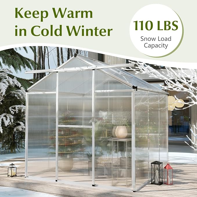 Happygrill Greenhouse, 6 x 6 x 6.5 FT Outdoor Polycarbonate Greenhouse w/ Sliding Door, Adjustable Roof Vent, Rain Gutter, Heavy-Duty Aluminum Greenhouses for Outdoors, Garden,Backyard, Patio, Lawn