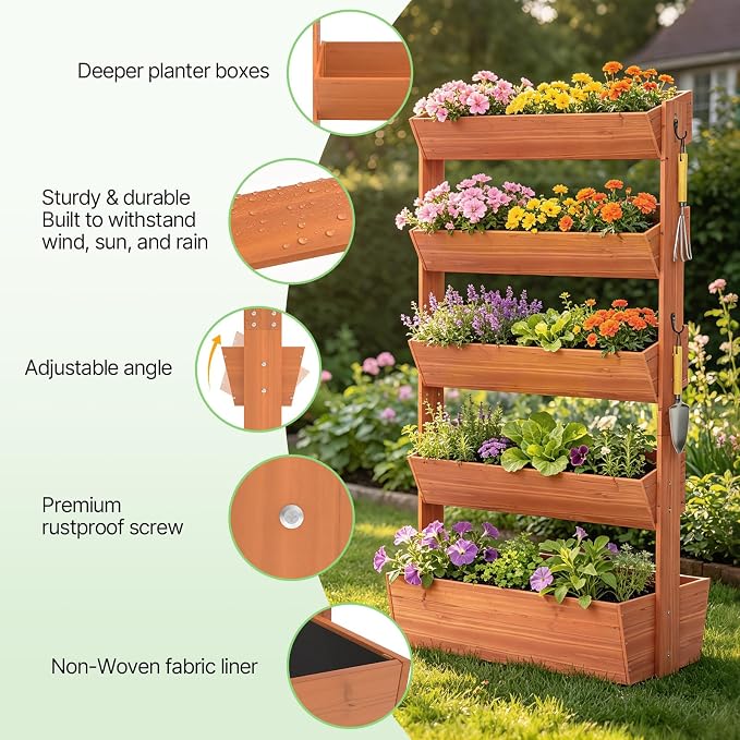 Suteck Vertical Wooden Raised Garden Bed, 5 Tier Garden Planters Freestanding Plant Stand Flower Rack Wooden Planter Box for Plants Flowers Herbs Vegetables Indoor Outdoor Gardening